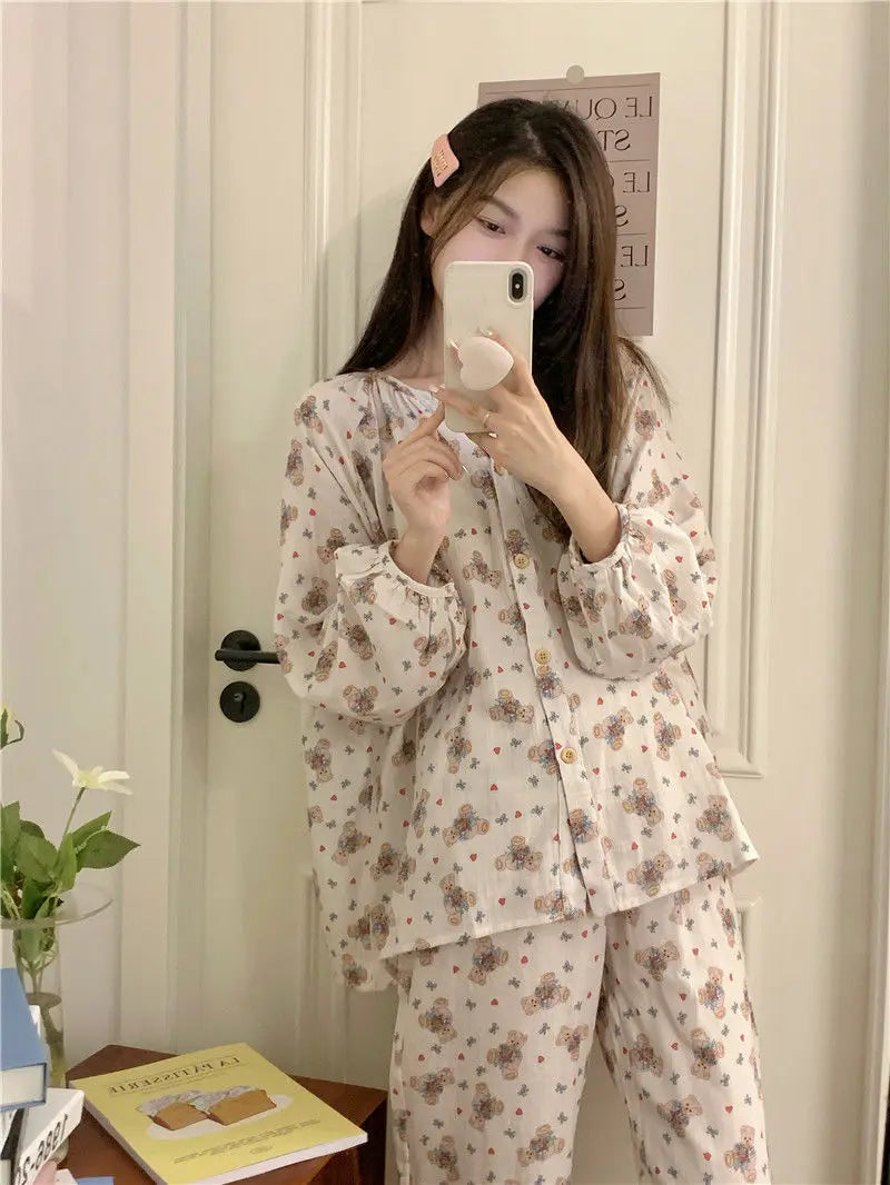 Bxoxo Women's Sweet Cute Pajamas Set Female Korean Style Home Clothing Girl Bear Foral Print Sleepwear Long Sleeve Pant Nightwear 2XL