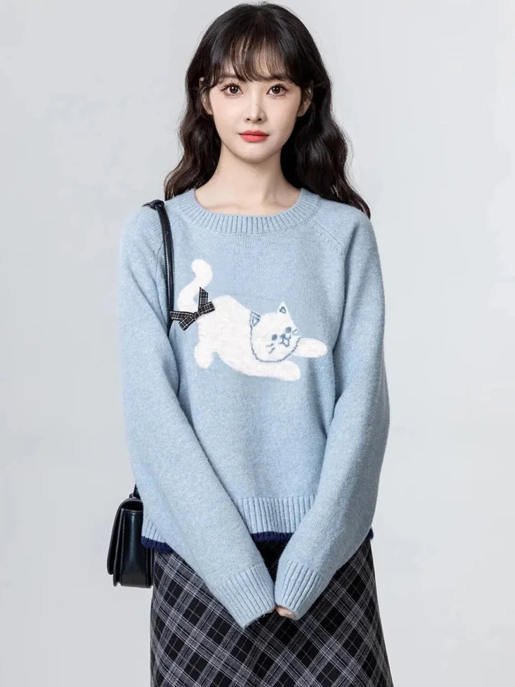 Bxoxo Cartoon Cat Print Kawaii Sweaters Women Sweet Bow Long Sleeve Cute Knitted Jumper Vintage Japan O Neck Casual Loose Pullovers