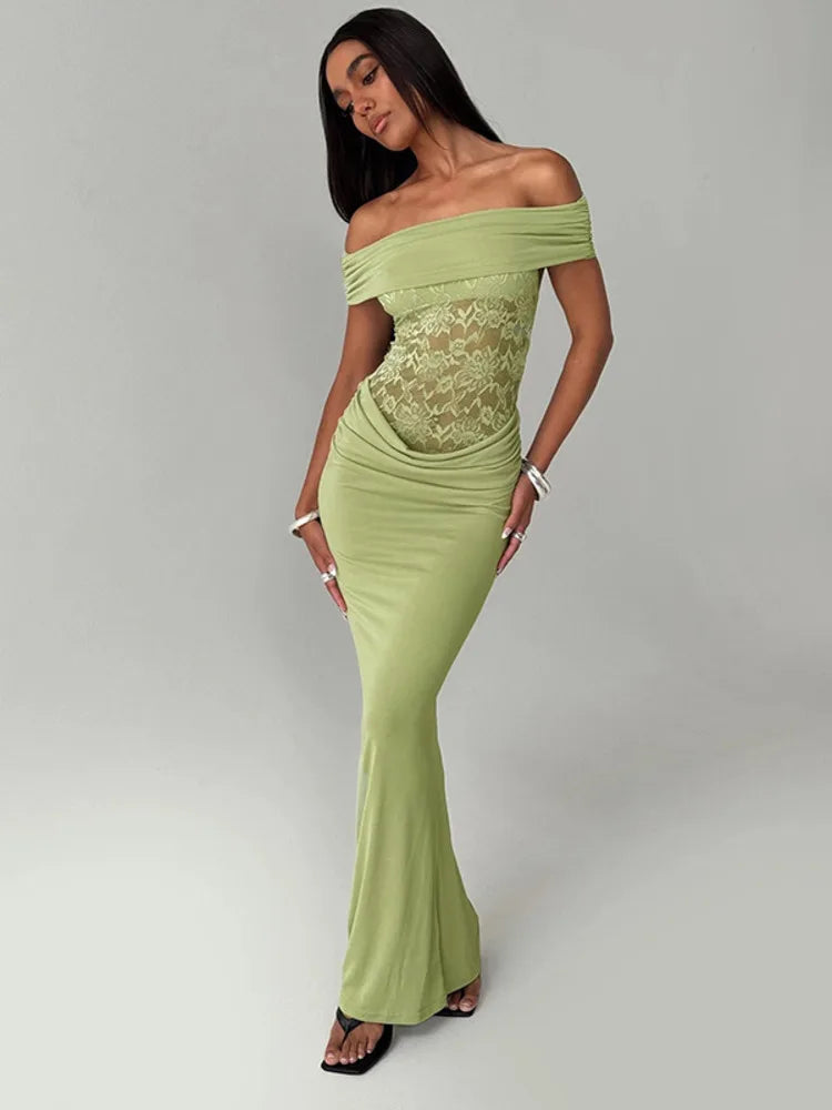 BXOXO  Off-shoulder Strapless Sexy Maxi Dress For Women Green Lace Sheer Sleeveless Backless Bodycon Club Party Long Dress