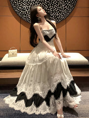 BXOXO Vintage Fashion Women's Black Beige Patchwork Elegant Pleated Evening Party Dress French Summer Sleeveless Backless Slip Dresses