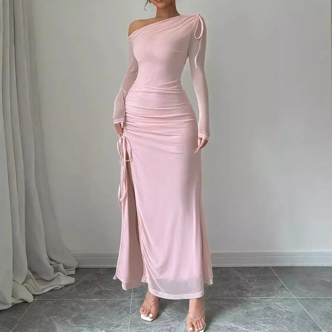 BXOXO Autumn Long Sleeve Dress Women Pink Mesh Maxi Dress New Arrivals High Slit Bodycon Party Dresses Women