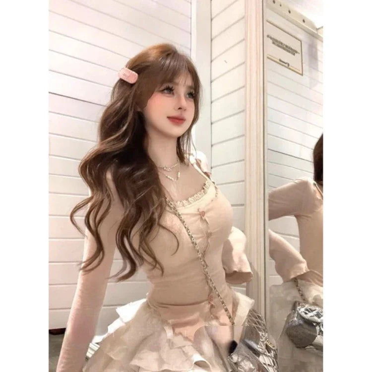 BXOXO Sweet Gentle Long Sleeve Cardigan Tops Women Sexy Slim Fit Camisole+ High Waist Ruched Cake Skirts 2025 New Three Piece Sets