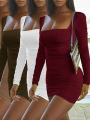 BXOXO Sexy Square Neck Wrap Chest Elastic Slim Bodycon Dress Women Solid Color Long Sleeve Skinny Mini Evening Dress Club Party