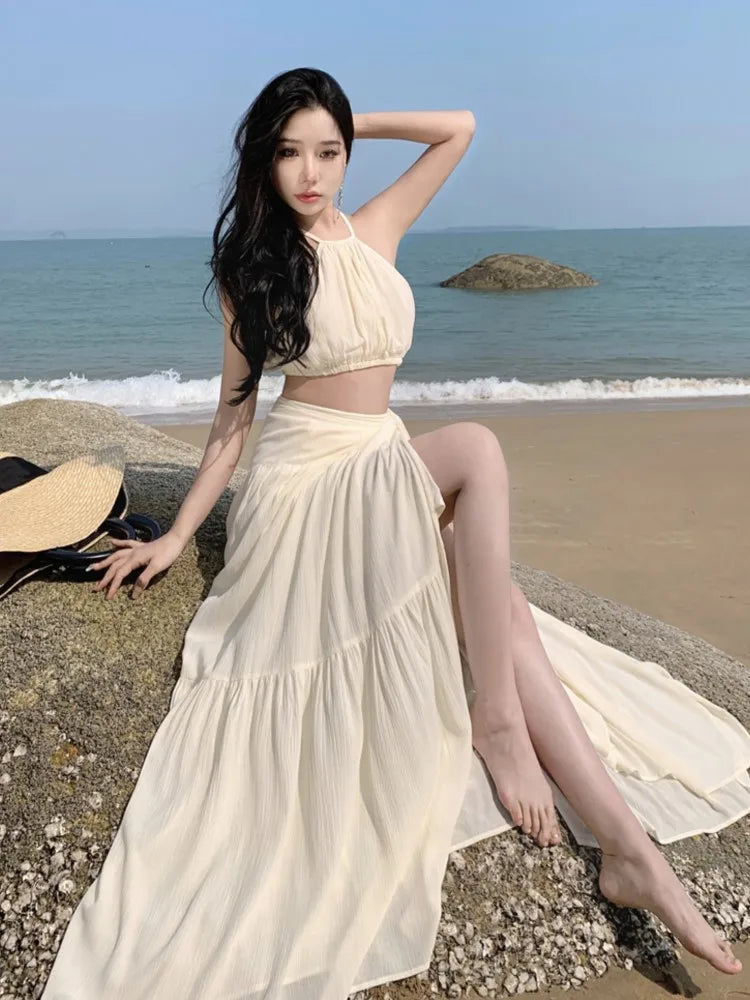 BXOXO Summer Women Beach Two Piece Set Sexy Strap Short Tops & High Waist  One-Piece Lace Up Skirt Outfits Korean Fashion Clothing