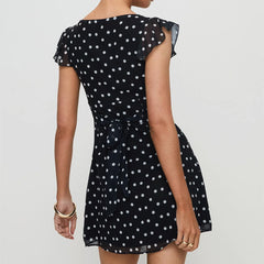 BXOXO Y2k Mini Dress Women Dot Print Short Dress Slim V Neck Flying Sleeve A-line Mini Dress for Daily Party Clubwear