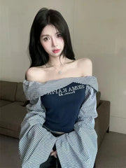 Bxoxo Sexy Slash Neck T Shirt Women Autumn Fashion Striped Patchwork Slim Long Sleeve Pullover Y2K Korean Chic Letter Print Streetwear