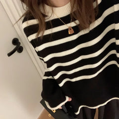 BXOXO Women Striped Loose Warm Sweater O-Neck Long Sleeve Thicken Knitted Pullovers Casual Sweater For Women Autumn Winter