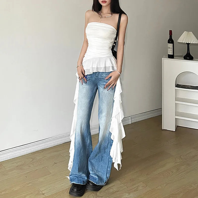 Bxoxo  Spring New Solid Color Sweet Gentle Cute All-match High Street Travel Sexy Cool Women Chest Wrap ruched Tassel Vest