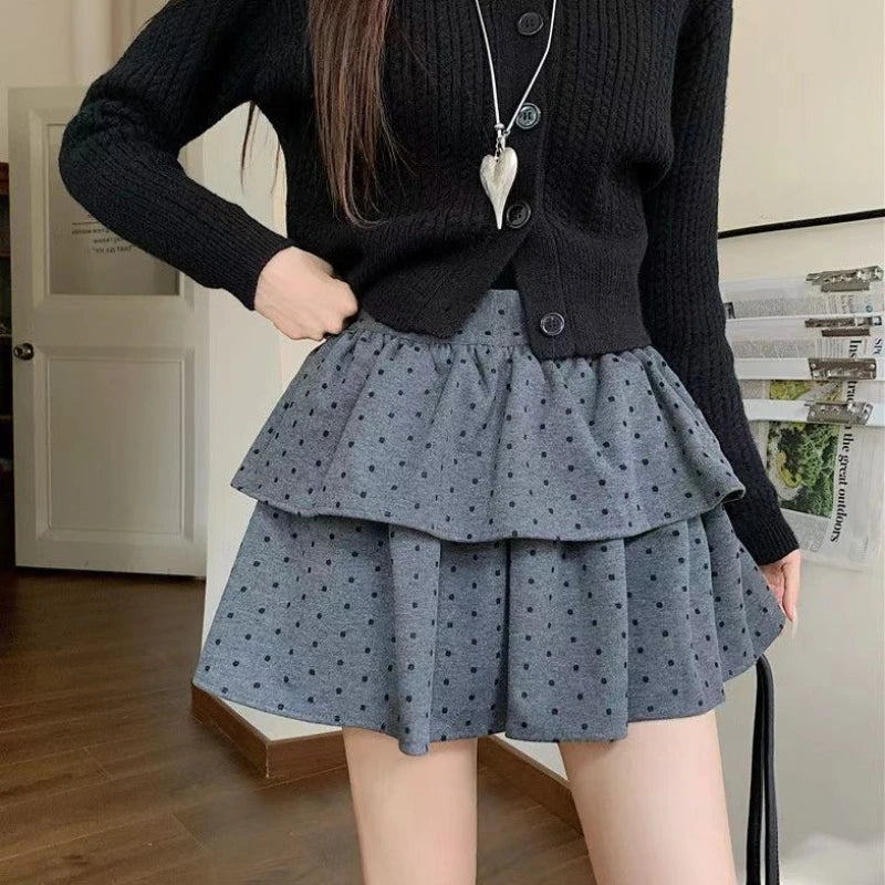 BXOXO Sweet Kawaii Mini Skirt Women Grey Korean Style Elegant Dot Short Skirts Coquette Fashion High Waist Cute Ruffle Skirt