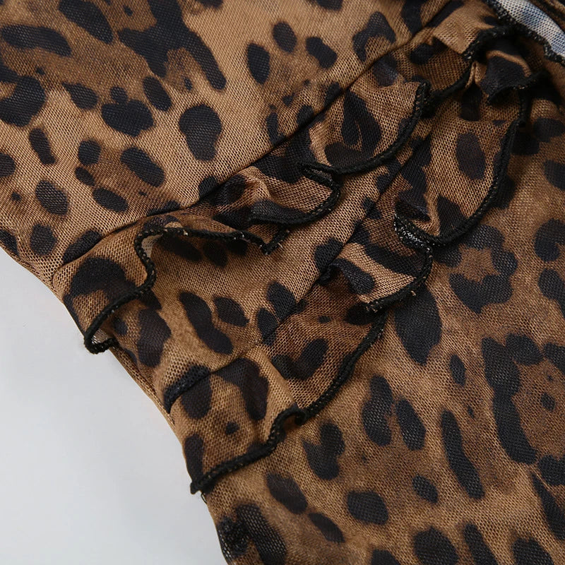 Bxoxo Leopard Shirt y2k Clothing Women Front Tie-up Ruffled Trim Flared Long Sleeve Mesh Blouse Top Grunge Clothes Streetwear