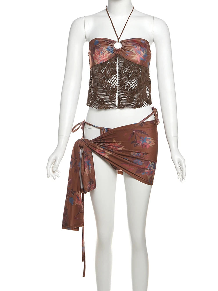 BXOXO Fashion 3 Piece Set Women Flower Print Mesh Patchwork Camisole+Lace-up Briefs+Ruched Knot Skirts Beach Style Outfits