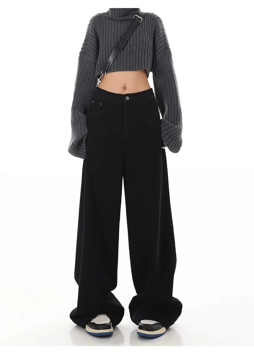 Bxoxo Y2K Black Jeans for Women Korean Fashion Streetwear High Waist Wide Leg Denim Pants Female Baggy Straight Trouser