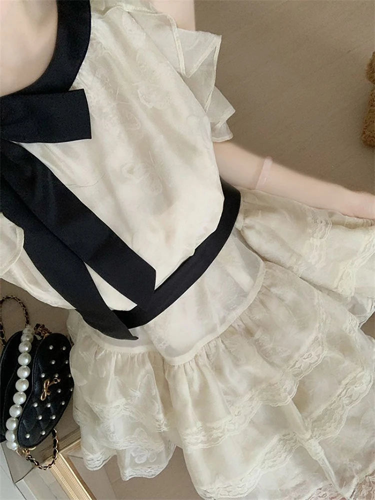 Bxoxo Off Shoulder Bow Sweet Dress Women Vintage O Neck Casual Elegant Mini Dress Lace Patchwork Retro Slim Lady Summer Vestidos