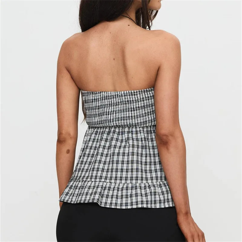 BXOXO Women Strapless Peplum Top Ruffle Hem Tube Bandeau Top Backless Sleeveless Tank Top Summer Going Out Streetwear