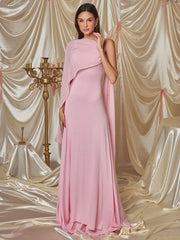 BXOXO Pink Cape Sleeve Sexy Maxi Dress For Women Off-shoulder Backless Gown Elegant Skew Collar Lace-up Long Dress Vestido