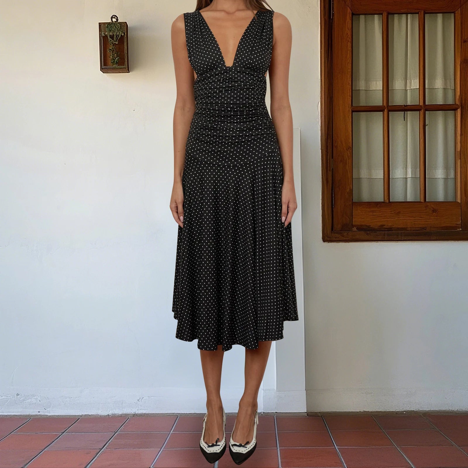 BXOXO Elegant Women's Tank Dress Stylish Dot Print Pleated Waist Sleeveless V Neck A Line Dress for Summer Party Club