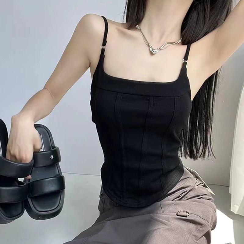 Bxoxo Sexy Spaghetti Straps Cotton Vest Women Summer Korean Solid Slim Sleeveless Camis Y2K Fashion Patchwork Female Crop Tops