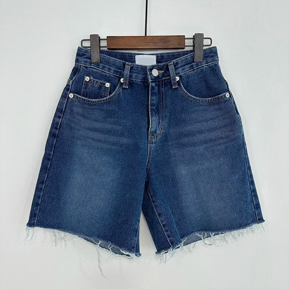Bxoxo Summer Blue Ragged Edge Retro Versatile Denim Shorts Women's New Korean Fashion High Waist Straight Simple Women's Short Jeans