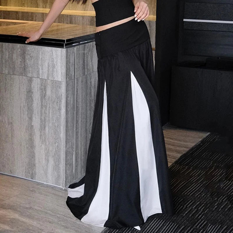 BXOXO Casual Loose Patchwork A-line Long Skirt Streetwear y2k High Waist Skirts for Women Korean Fashion Ladies Bottoms Summer