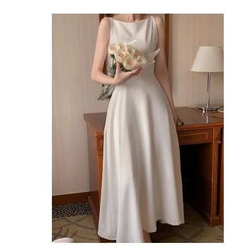 Bxoxo South korea Chic Gentle Sle Light Luxury off-Shoulder Advanced Design Sense  Sleeveless Long Versatile Dress