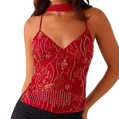 BXOXO Sequin Halter Crop Tops for Women Y2k Pearl Embellished Cami Tops Summer Glitter V Neck Rhinestone Camisole Tank Shirt