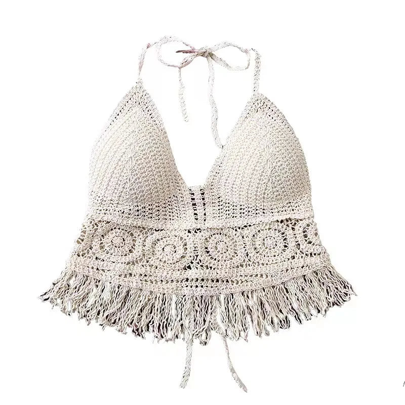 BXOXO Women Knit Halter Sexy Crop Top Lace Up Hollow Out Tassel Tank Top With Bra Spaghetti Strap Camis Beach Top Spring Summer