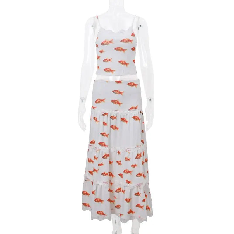 BXOXO New Summer Streetwear Sexy Slip Dress Sleeveless Printed Top Slim Fit Patchwork Backless Lace Women's Long Skirts Dress