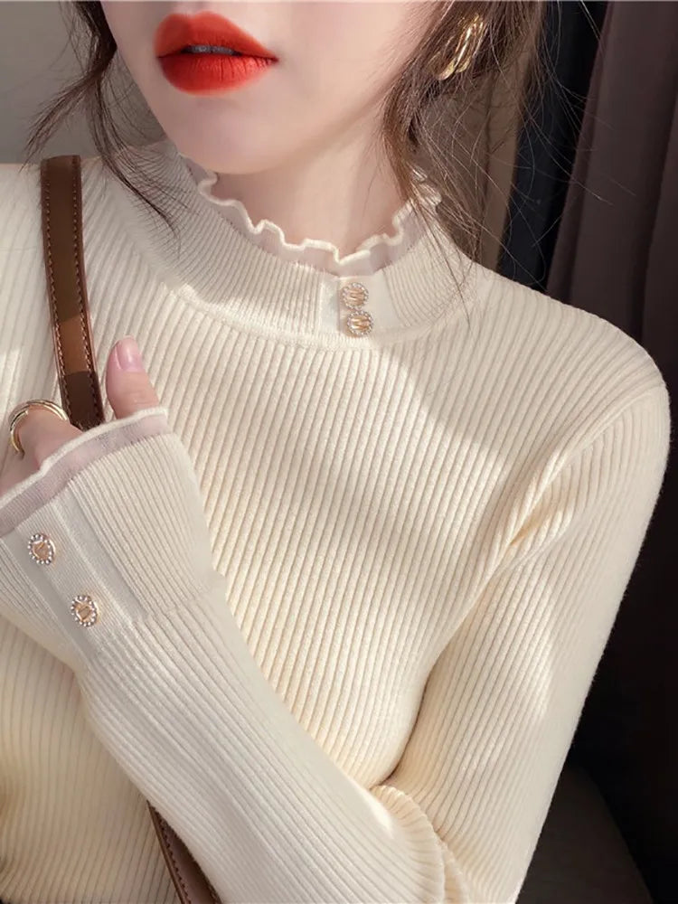 Bxoxo Knitted Women Sweater O-neck Button Pullovers Spring Autumn Basic Sweaters for Female Pullover Slim Solid Bold Lace Tops