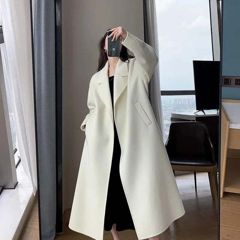 BXOXO Elegant Midi Wool Blends Coat Women Korean Thicken Long Bandage Jackets Oversized Lace Up Outwear White Cardigan Woolen Overcoat