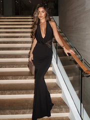 BXOXO Halter Deep V Neck Sexy Maxi Dress For Women Gown Black Lace Off-shoulder Backless Sleeveless Bodycon Long Dress