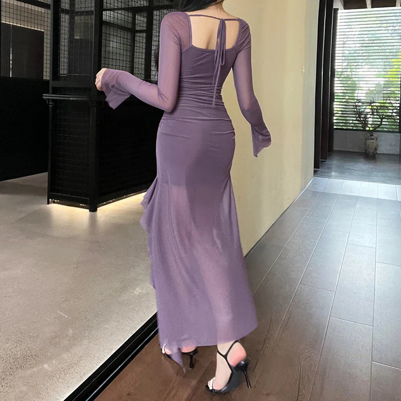 BXOXO Purple Mature Sexy Beautiful Confident Elegant Graceful Women'S Translucent Thin Straight Dress