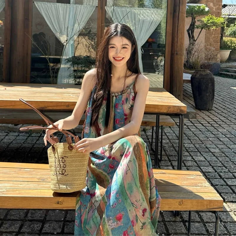 Bxoxo Summer New Large Size Retro Yunnan Travel Floral Tie Dye ter Dr Women's Vaion Sle Loose Waist A-Line Long Dr