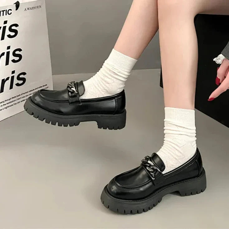 BXOXO Chunky Heel Platform Metal Chain loafers Women Pumps Black round toe small leather shoes Female Casual Retro JK Uniform shoes