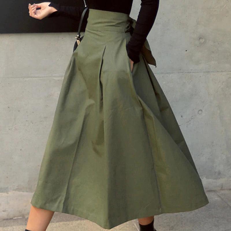 Bxoxo Skirts Womens Korean Fashion Solid Color Big Swing Ladies Skirt Long Skirt Autumn Wild High Waist Bow Slim Skirts
