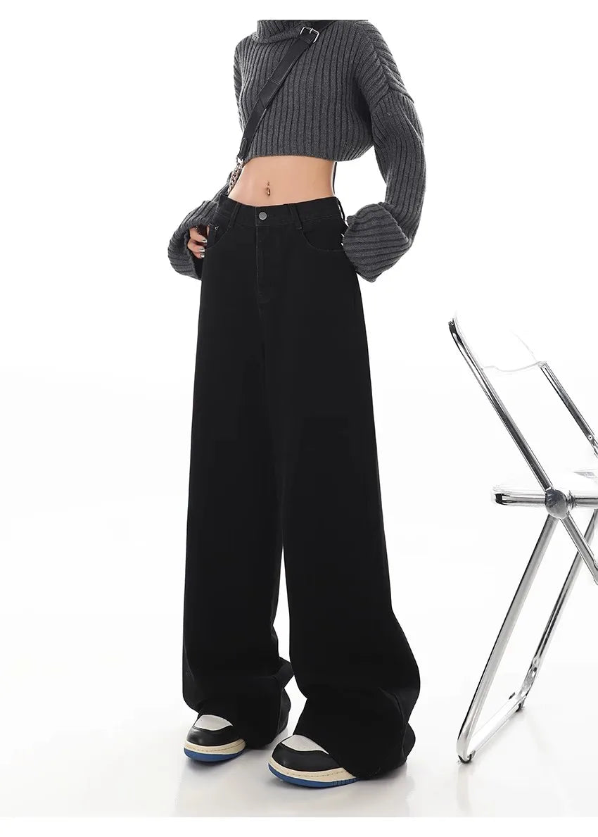 Bxoxo Y2K Black Jeans for Women Korean Fashion Streetwear High Waist Wide Leg Denim Pants Female Baggy Straight Trouser