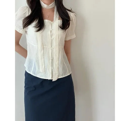 Bxoxo Summer ort Sve irt Single Button Square Collar Tie Design Casual Sle Pure Color Polyester Fiber 00%