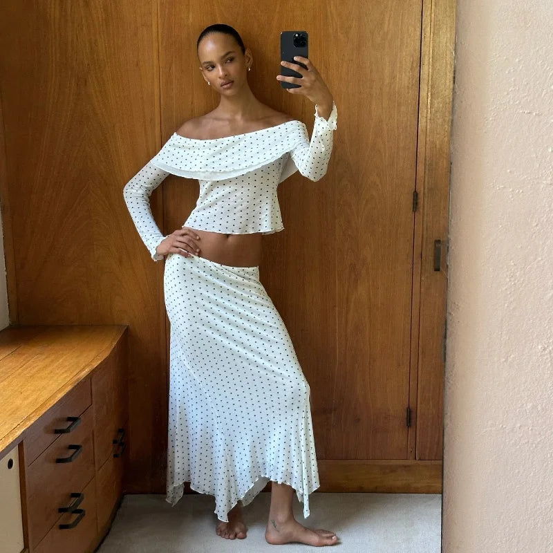 Bxoxo Polka Dot Lace Long Sleeve Off Shoulder Crop Tops + Elegant Bodycon Long Dress Fall Fashion Vacation Beach 2 Piece Set
