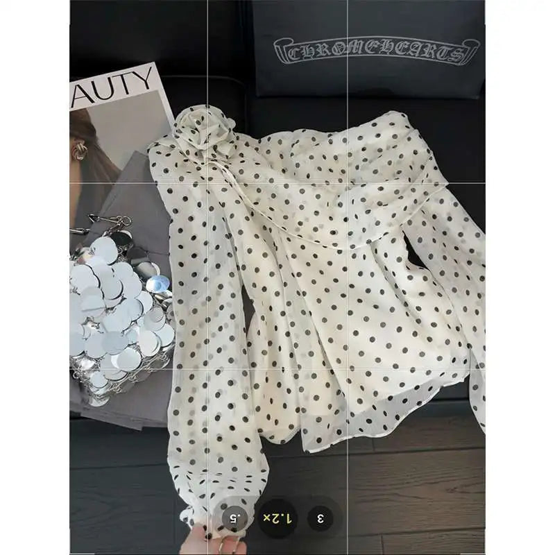 Bxoxo Vintage Polka Dot Print Shirts Women Early Spring New Long Sleeve Blouses Sweet 3D Flower Skew Collar Off Shoulder Blusas Mujer