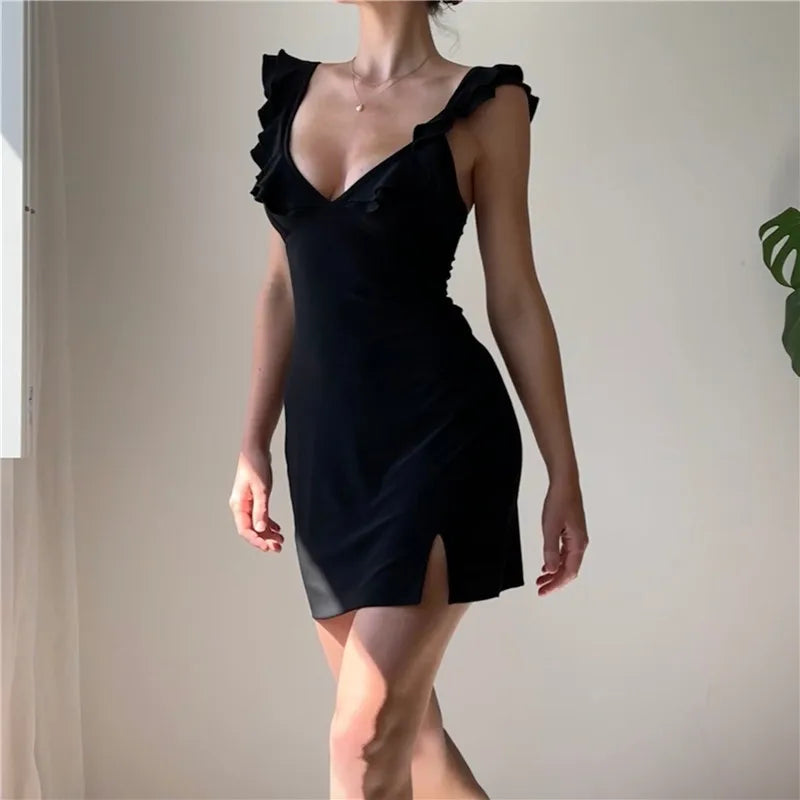 Bxoxo Solid Deep V-neck Sleeveless Dress Summer Elegant Women Ruffles Split Mini Dresses Sexy Slim Party Clubwear Vestido