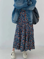 BXOXO Vintage Blue Flower Print Skirt for Women Summer New High Waist A-line Skirts Lazy All-match Mid-length Loose Faldas Mujer