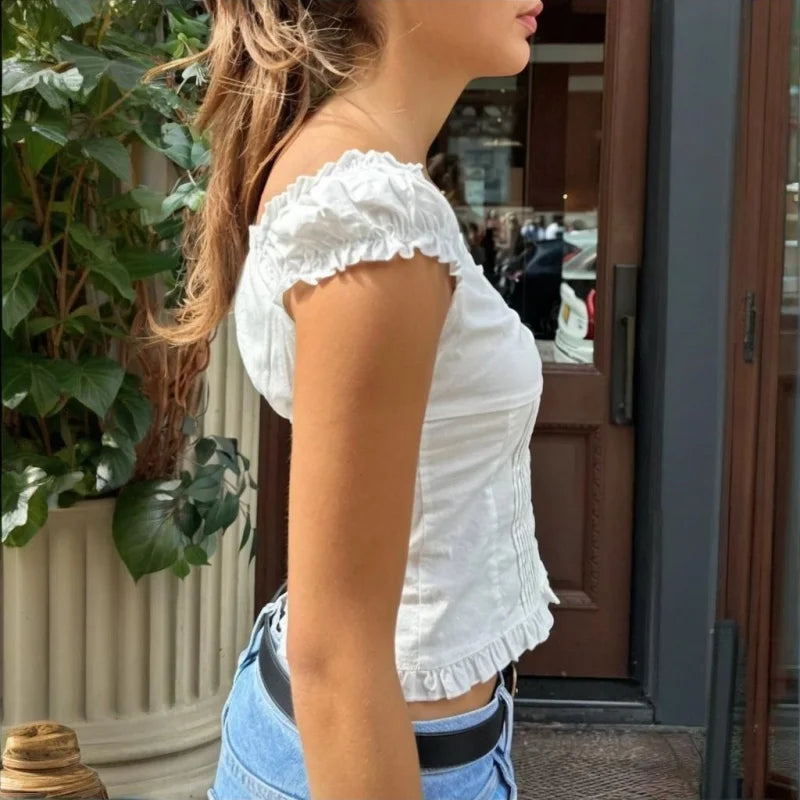 Bxoxo y2k Tank Top Women Summer Clothes Solid Color Cap Sleeve Button Down Slim Fit Frill T Shirt 2000s Vest Streetwear