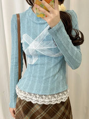 BXOXO Korean Style Y2k Knitted Pullover Women Bow Lace Long Sleeve Sweaters Harajuku Vintage Patchwork Knitwear Pullovers