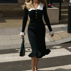 Bxoxo Elegant Knitted Long Skirt Women Black Vintage Long Sleeve Party Dresses Sweet Ruffle Patchwork Sweater Maxi Dress Slim