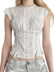 BXOXO Women's Button Down T-Shirts Cap Sleeve Crew Neck Cross Tie-up Front Lace Trim Tops