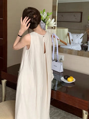 Bxoxo Summer Chic Hollow out Bal Midi Dr round Ne Svel Dr Ele Korean Sle Loose Waist A-Line Skirt Dr