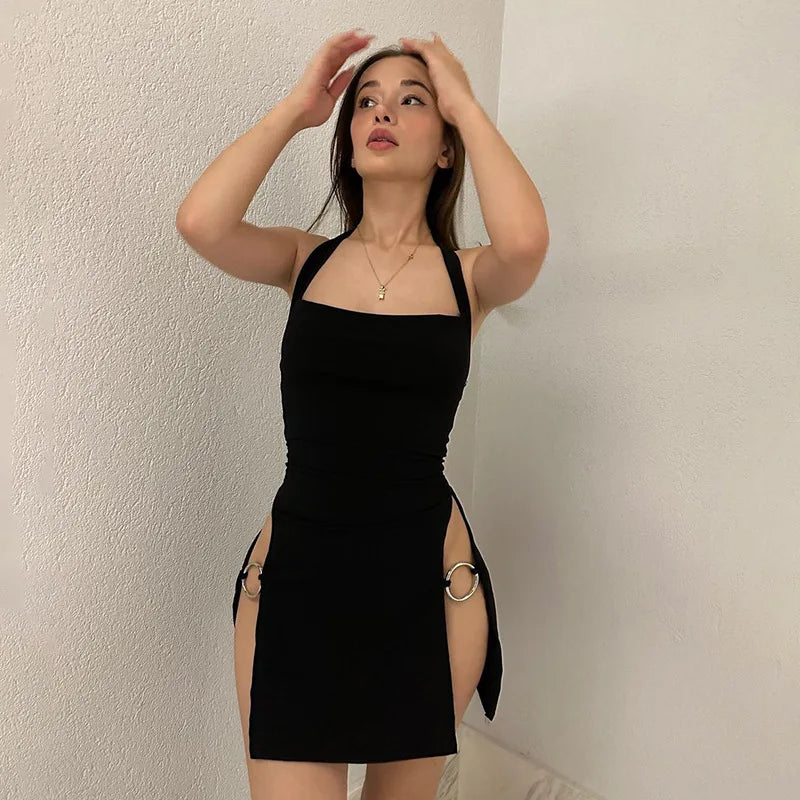 BXOXO Sexy Elegant A-line Mini Dress Women Sleeveless Backless Folds Bodycon Black Split Dress Party