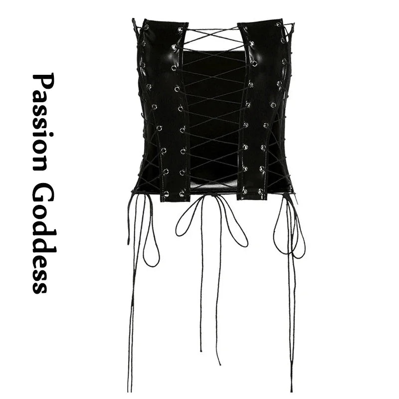 Bxoxo Sexy Gothic Women PU Leather Corsets Bustiers Lace-up Bandage Crown Girdle Slim Waist Back Zipper Strap Corset Tops Curve Shaper