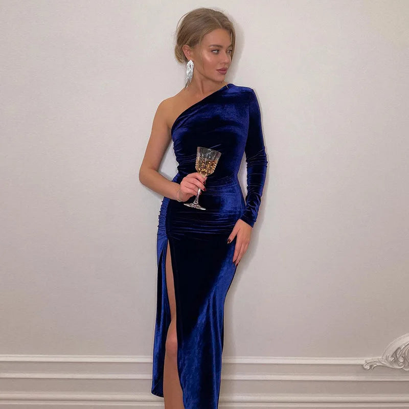 Bxoxo Women Elegant Long Sleeve Party Evening Velvet Bodycon Split Pencil Midi Dress 2024 Spring Autumn Clothes
