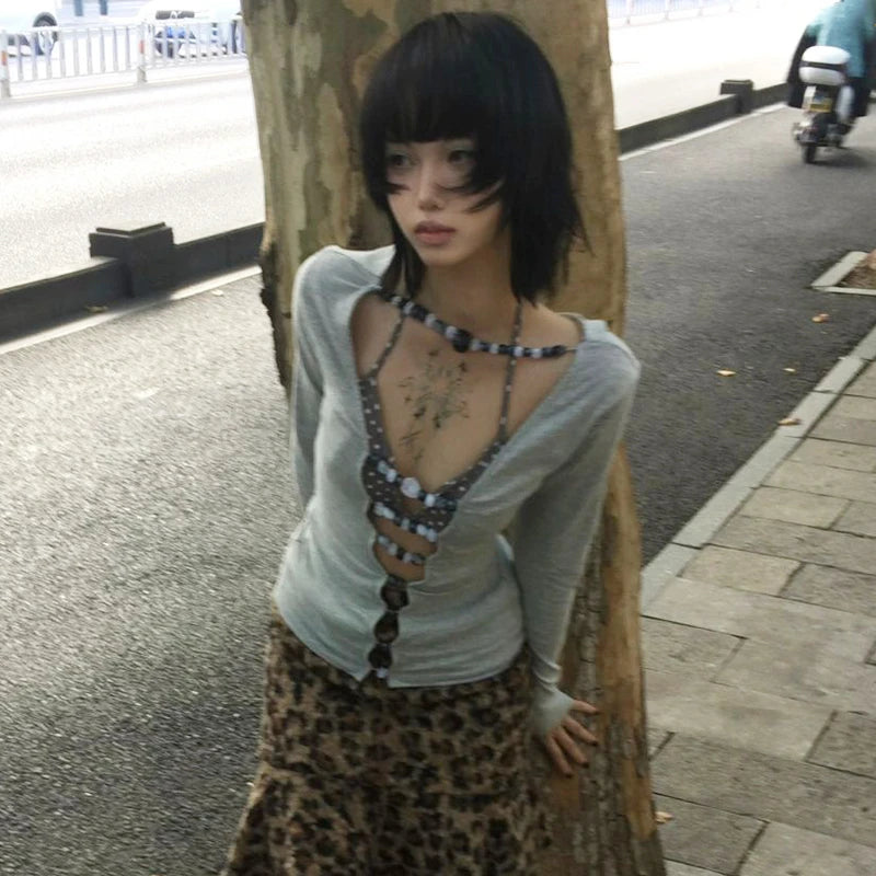 BXOXO Japanese Y2k Hollow Out T-shirt 2000s Aesthetics Long Sleeve Beaded Tops Vintage Harajuku Sexy Streetwear American Retro