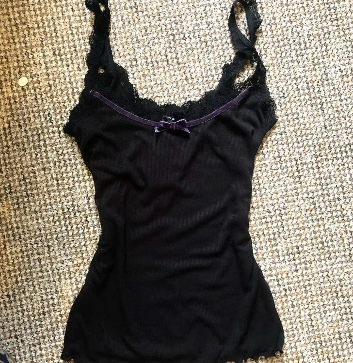 BXOXO Y2k Summer New Solid Sling Tops Kawaii Lace Bow Inside A Sling Vest 90s Aesthetics Crop Top Women Pink Tank Top Fashion Punk Top